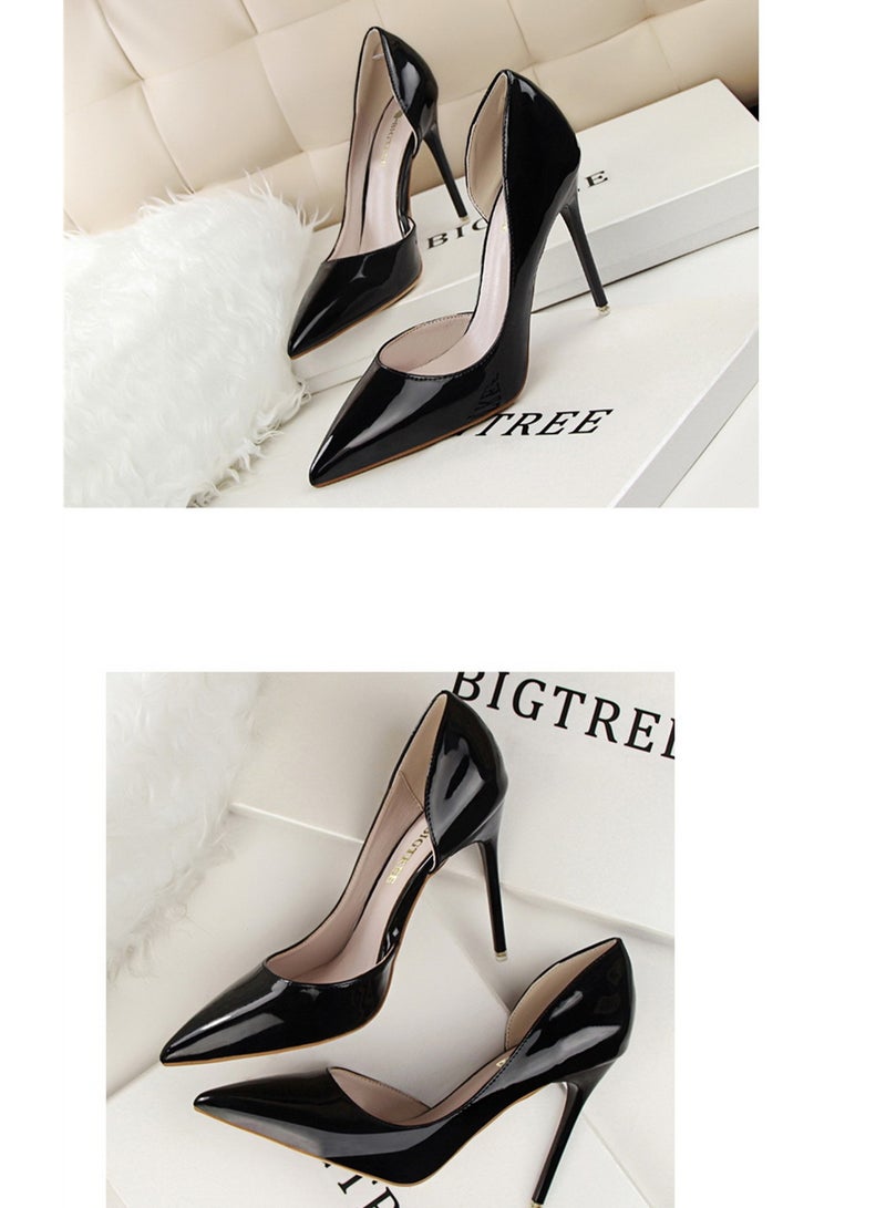 BIGTREE Fashion Simple Slim Patent Leather Shallow Mouth Pointy Hollowed Out Slim Heels  Black - Image 2