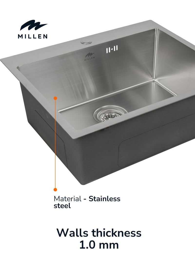 MILLEN Premium Handmade Topmount Single Bowl Sink  – SUS 304 Stainless Steel, Soundproof, Satin Finish - MTMS6050SS - Image 3