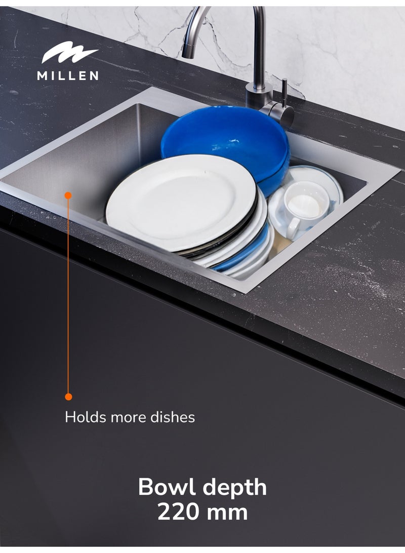 MILLEN Premium Handmade Topmount Single Bowl Sink  – SUS 304 Stainless Steel, Soundproof, Satin Finish - MTMS6050SS - Image 5