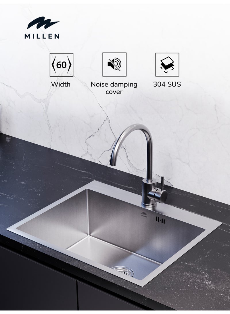 MILLEN Premium Handmade Topmount Single Bowl Sink  – SUS 304 Stainless Steel, Soundproof, Satin Finish - MTMS6050SS - Image 1
