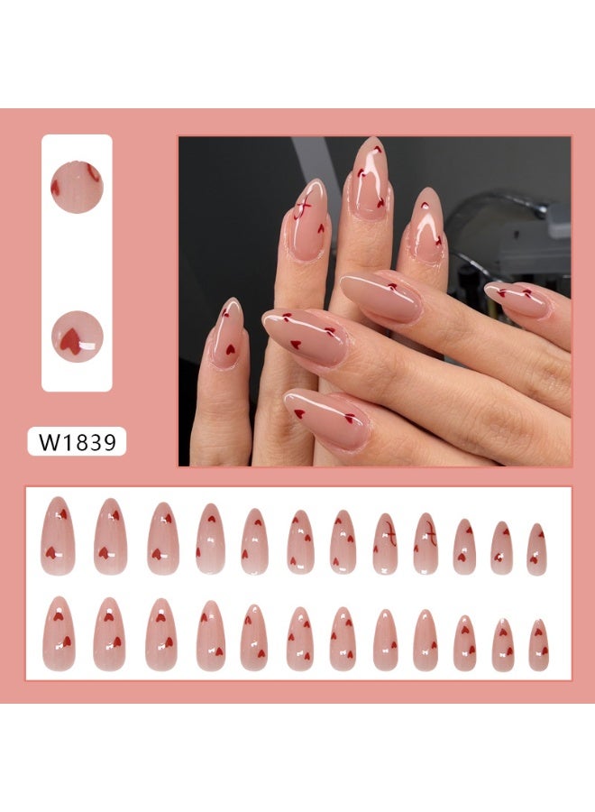 JOSQUEWNN 24pcs Press On False Nails,Medium-To-Long Pink Almond-Shaped Nails With a Small Red Heart Design Pattern,Nails For Effortless Style And Sophisticated Look, Acrylic Nails With Glue Kit. - Image 2