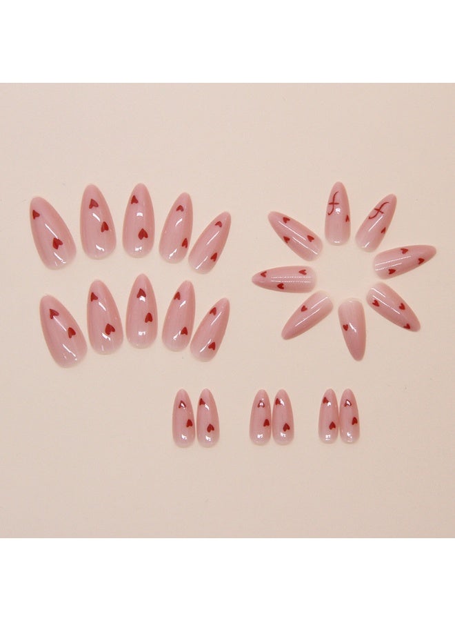 JOSQUEWNN 24pcs Press On False Nails,Medium-To-Long Pink Almond-Shaped Nails With a Small Red Heart Design Pattern,Nails For Effortless Style And Sophisticated Look, Acrylic Nails With Glue Kit. - Image 3