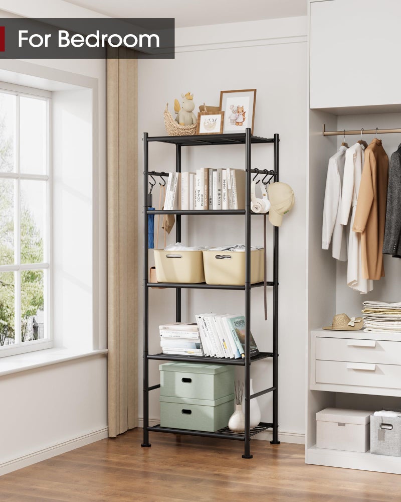 Sakugi Storage Shelves - 5-Tier Large Capacity Shelf Organizer with Hooks, Heavy-Duty Garage Shelving with Leveling Feet, Wobble-Free Rack for Bedroom, Balcony, Garage, 18.1"Ã—12.4"Ã—56.8", Black - Image 2