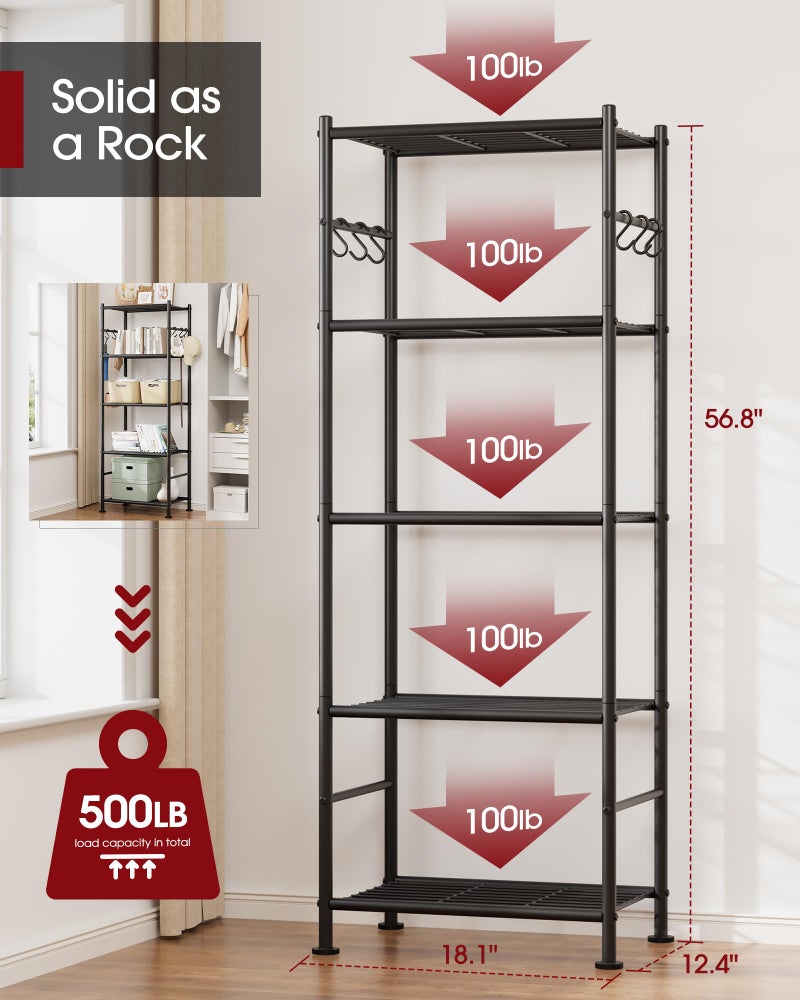 Sakugi Storage Shelves - 5-Tier Large Capacity Shelf Organizer with Hooks, Heavy-Duty Garage Shelving with Leveling Feet, Wobble-Free Rack for Bedroom, Balcony, Garage, 18.1"Ã—12.4"Ã—56.8", Black - Image 3