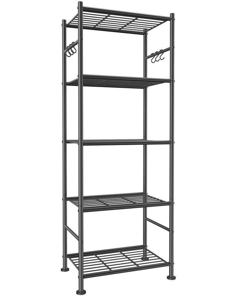 Sakugi Storage Shelves - 5-Tier Large Capacity Shelf Organizer with Hooks, Heavy-Duty Garage Shelving with Leveling Feet, Wobble-Free Rack for Bedroom, Balcony, Garage, 18.1"Ã—12.4"Ã—56.8", Black - Image 1