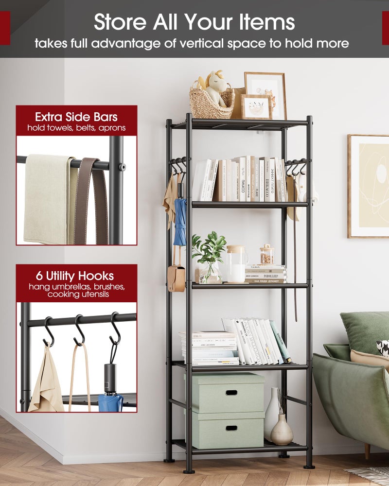Sakugi Storage Shelves - 5-Tier Large Capacity Shelf Organizer with Hooks, Heavy-Duty Garage Shelving with Leveling Feet, Wobble-Free Rack for Bedroom, Balcony, Garage, 18.1"Ã—12.4"Ã—56.8", Black - Image 5