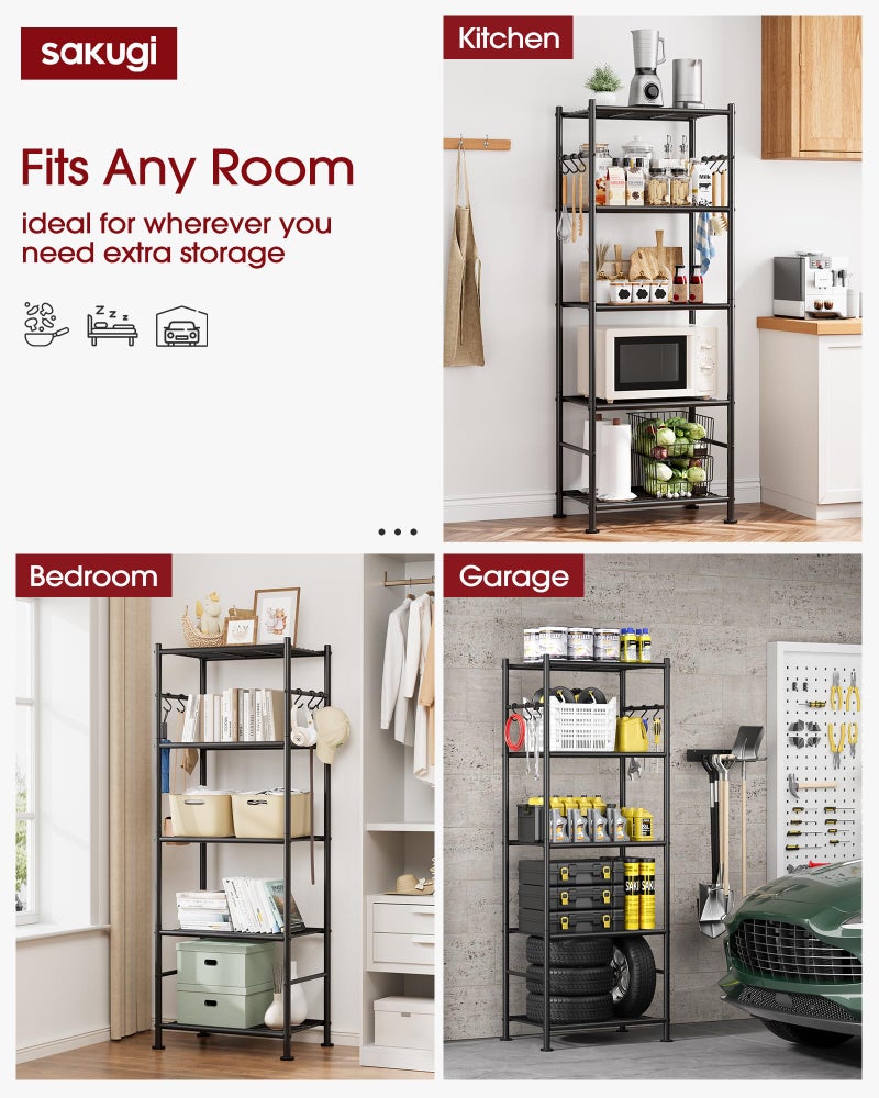 Sakugi Storage Shelves - 5-Tier Large Capacity Shelf Organizer with Hooks, Heavy-Duty Garage Shelving with Leveling Feet, Wobble-Free Rack for Bedroom, Balcony, Garage, 18.1"Ã—12.4"Ã—56.8", Black - Image 4