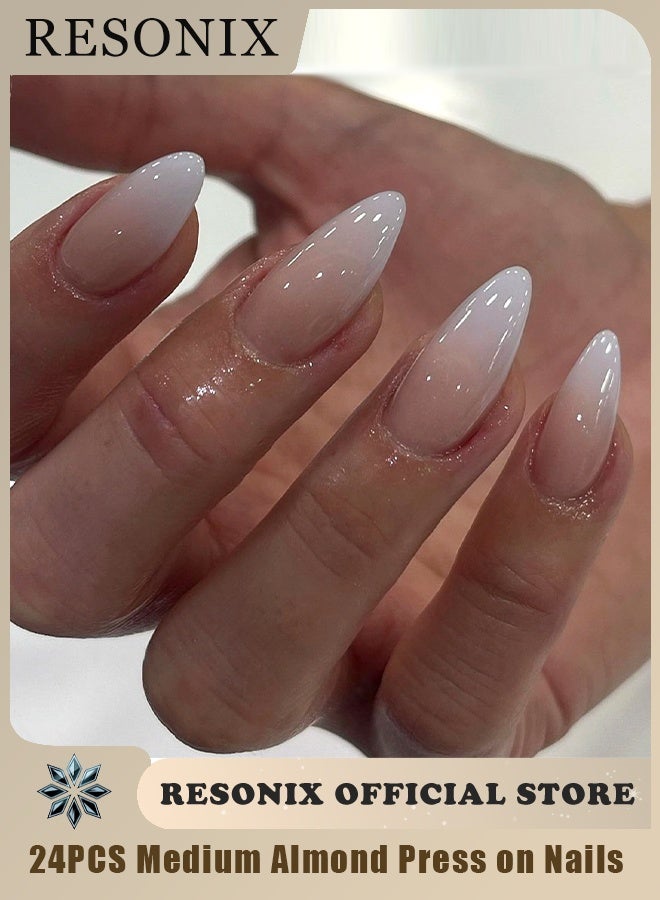 RESONIX 24PCS Medium Almond Press on Nails – White Glossy French Tip Fake Nails with Glue, Reusable Full Coverage (Women) - Image 1