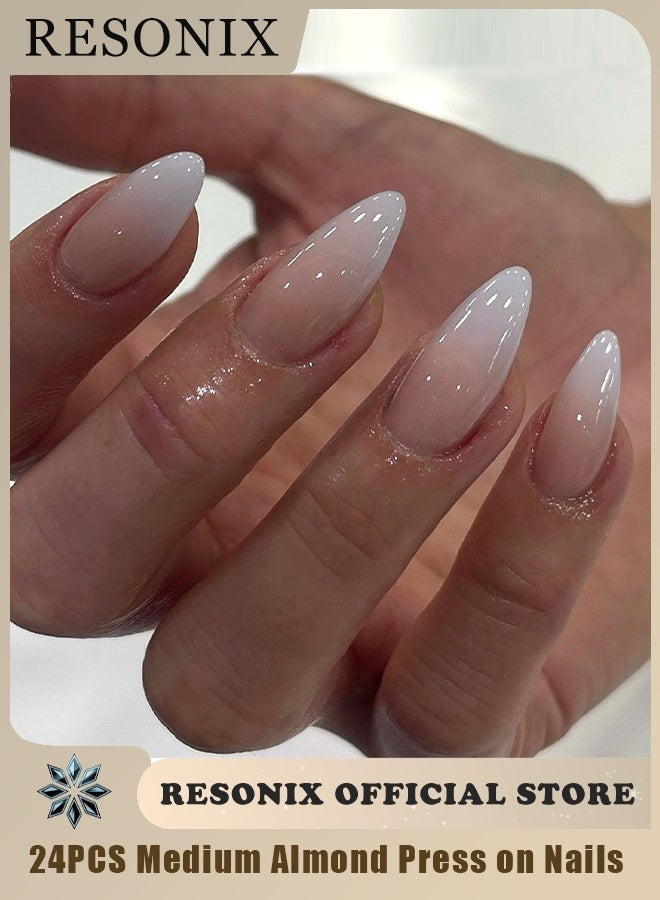 RESONIX 24PCS Medium Almond Press on Nails – White Glossy French Tip Fake Nails with Glue, Reusable Full Coverage (Women) - Image 1
