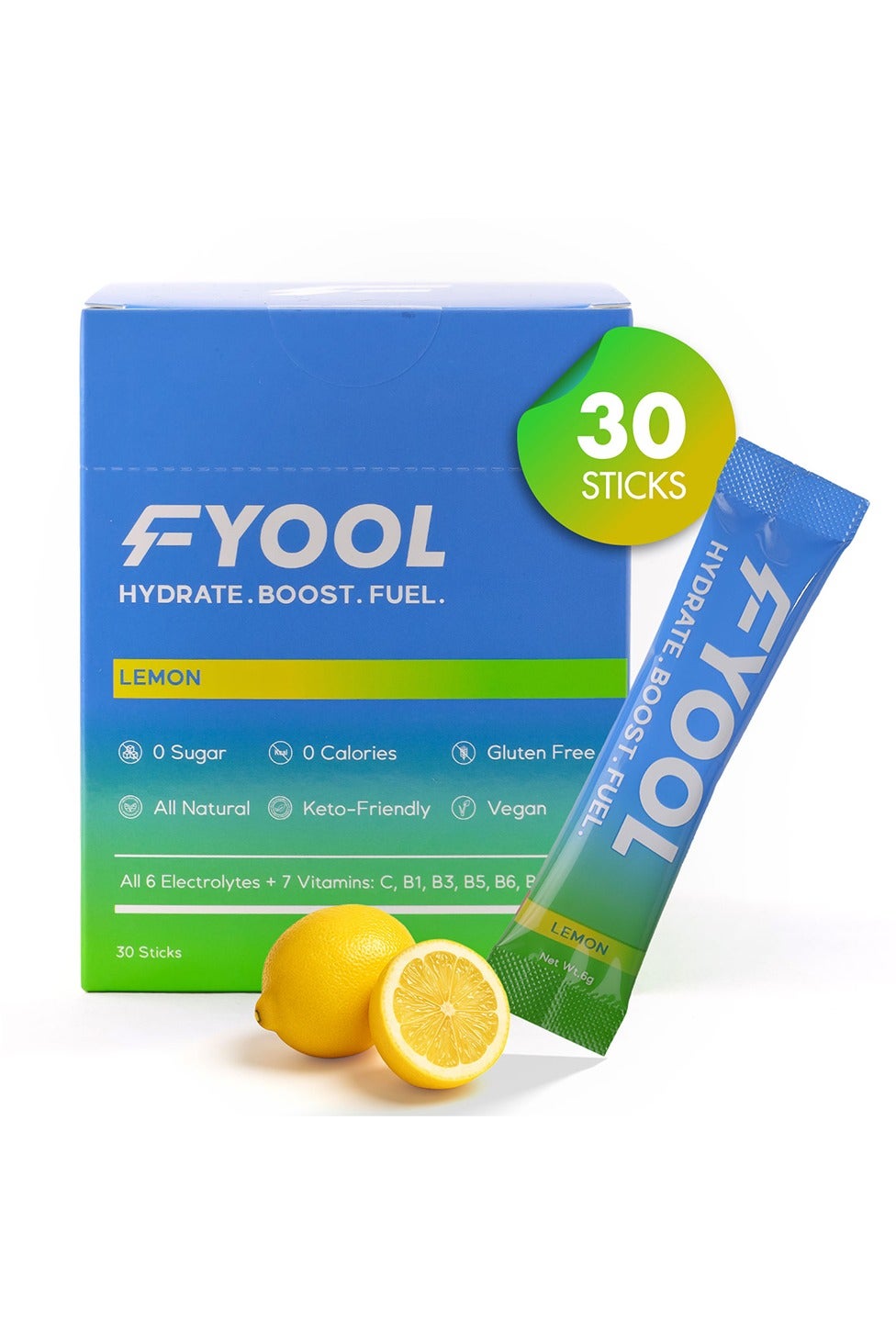 Fyool Hydration Electrolyte Powder| Electrolytes + Vitamins & Minerals | Zero Sugar & Calories | Energy Boost | Gluten-Free | Travel Essentials | Lemon Flavor | 30 Stick Packs