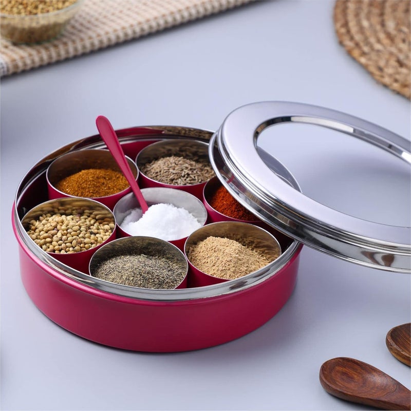 anantam homes Stainless Steel Masala Dabba masaladani Spice Box for Kitchen Masala Dani with See Through Lid with 7 Containers and a Small Spoon Pink - Image 1
