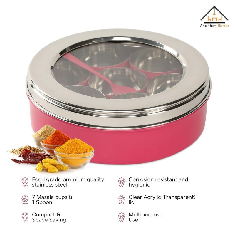 anantam homes Stainless Steel Masala Dabba masaladani Spice Box for Kitchen Masala Dani with See Through Lid with 7 Containers and a Small Spoon Pink - Image 3