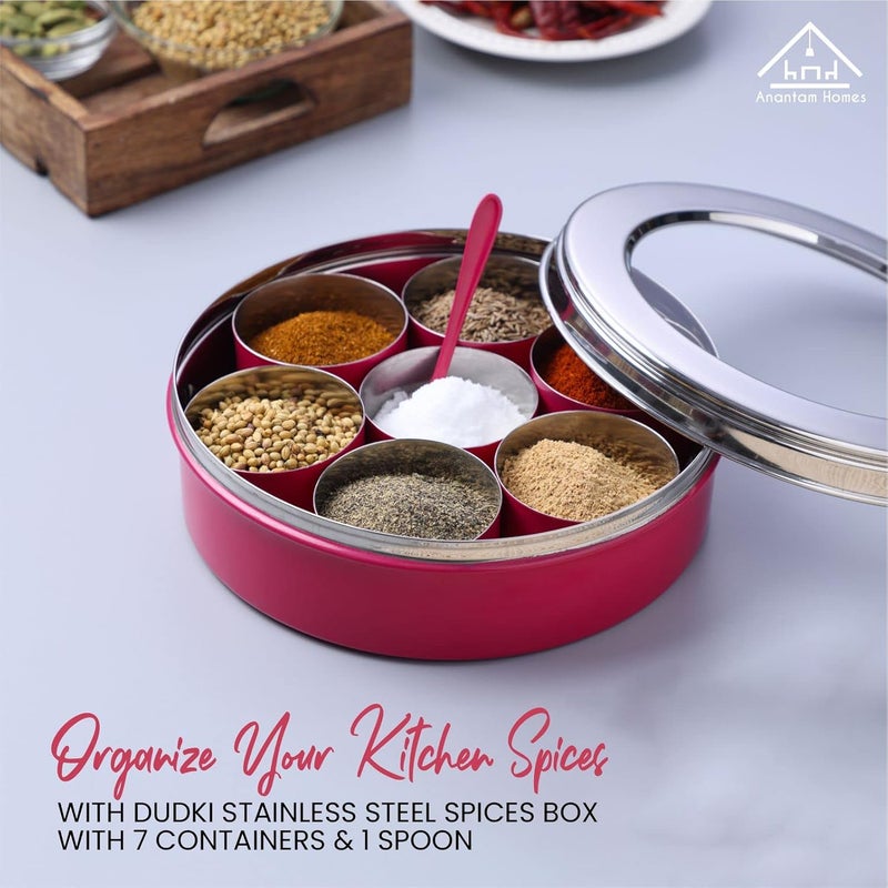 anantam homes Stainless Steel Masala Dabba masaladani Spice Box for Kitchen Masala Dani with See Through Lid with 7 Containers and a Small Spoon Pink - Image 5