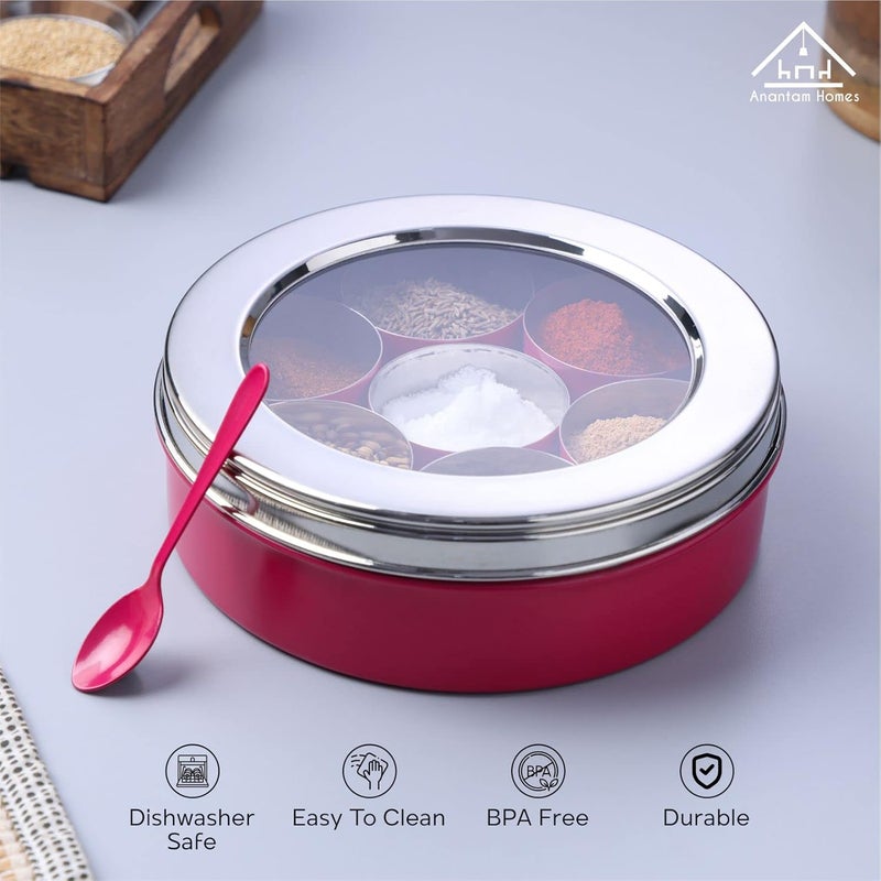 anantam homes Stainless Steel Masala Dabba masaladani Spice Box for Kitchen Masala Dani with See Through Lid with 7 Containers and a Small Spoon Pink - Image 2