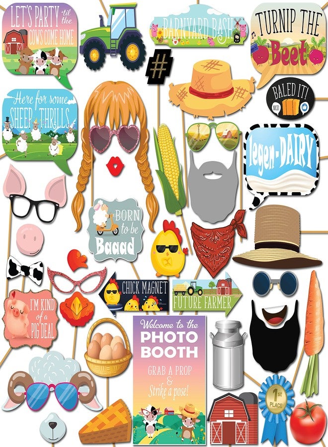 Outside The Booth Farm Animal Photo Booth Props - 41-pc Photo Booth Kit with 8 x 10-Inch Sign, 60 Adhesive Pads, 45 Sticks - Cowboy and Farm Party Decorations - Image 1