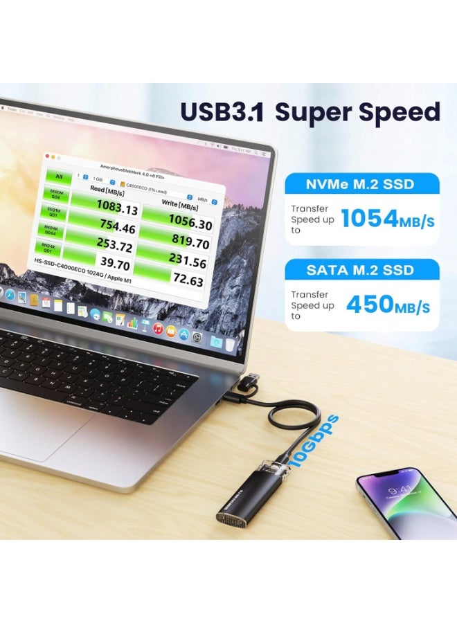 SOLARAE M.2 NVMe SATA SSD Enclosure, 10Gbps USB 3.1 GEN2 Support UASP Trim, Tool Free NVMe SATA SSD to USB-C Adapter Case for 2242/2260/2280 (Black) - Image 2