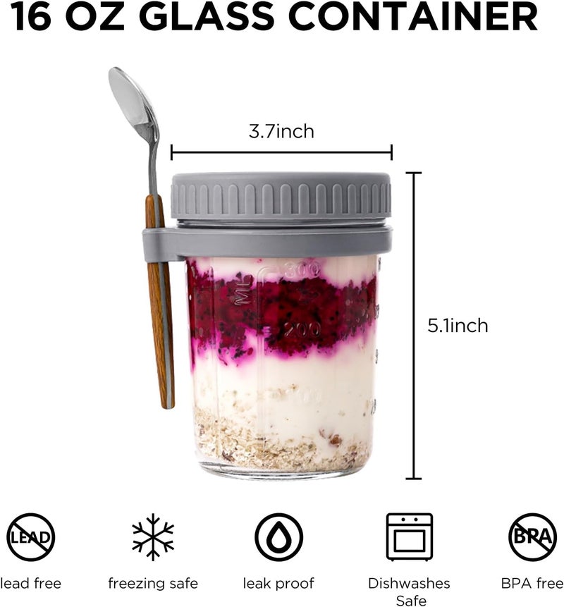 Famyards 4 Pack Overnight Oats Containers with Airtight Lids and Spoons, 16 oz Glass Mason Jars with Measurement Marks, Oatmeal Jars for Cereal, Yogurt, Milk, Salads, Fruit (2 White and 2 Grey) - Image 4