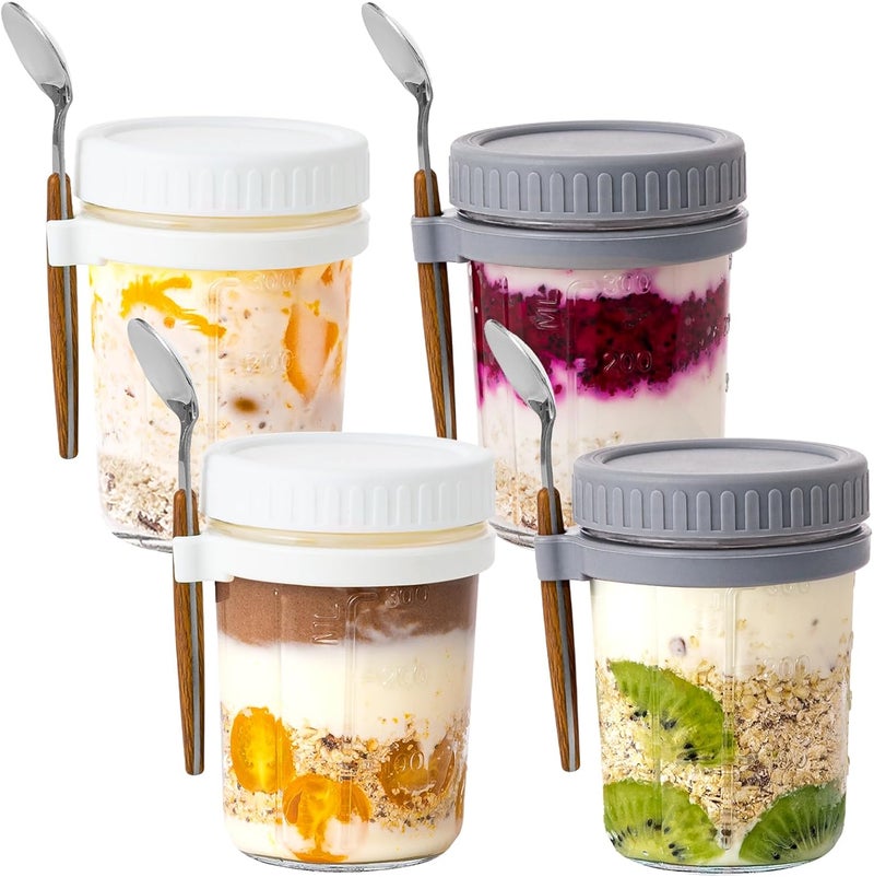 Famyards 4 Pack Overnight Oats Containers with Airtight Lids and Spoons, 16 oz Glass Mason Jars with Measurement Marks, Oatmeal Jars for Cereal, Yogurt, Milk, Salads, Fruit (2 White and 2 Grey) - Image 1