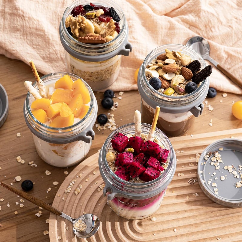 Famyards 4 Pack Overnight Oats Containers with Airtight Lids and Spoons, 16 oz Glass Mason Jars with Measurement Marks, Oatmeal Jars for Cereal, Yogurt, Milk, Salads, Fruit (2 White and 2 Grey) - Image 2