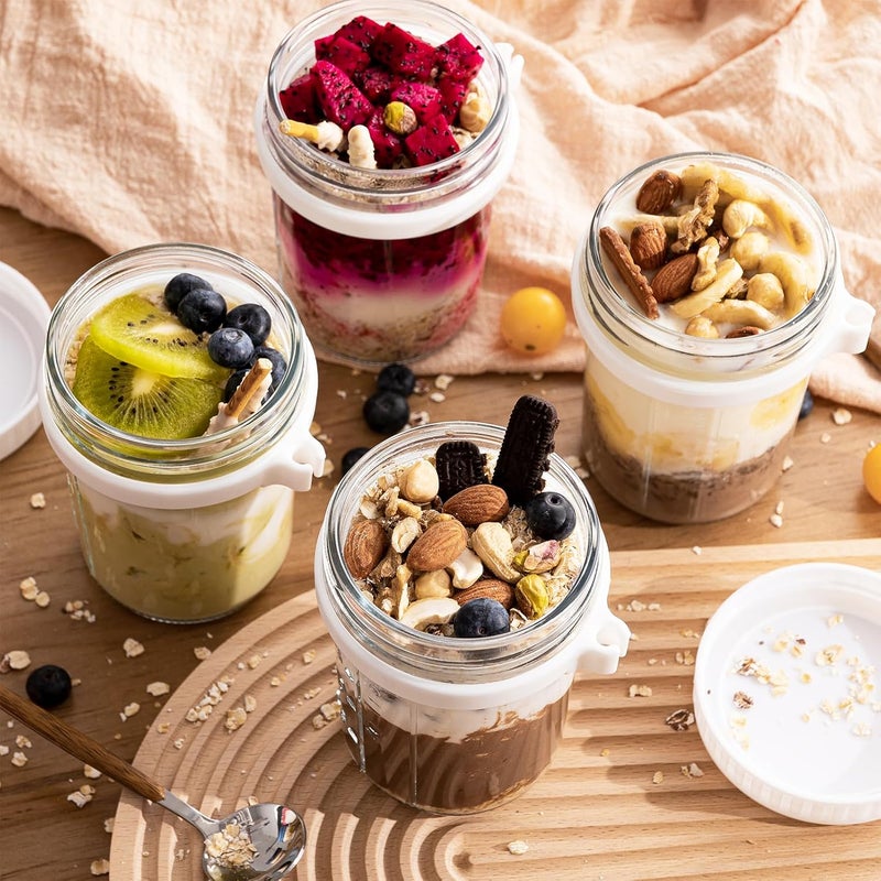 Famyards 4 Pack Overnight Oats Containers with Airtight Lids and Spoons, 16 oz Glass Mason Jars with Measurement Marks, Oatmeal Jars for Cereal, Yogurt, Milk, Salads, Fruit (2 White and 2 Grey) - Image 5