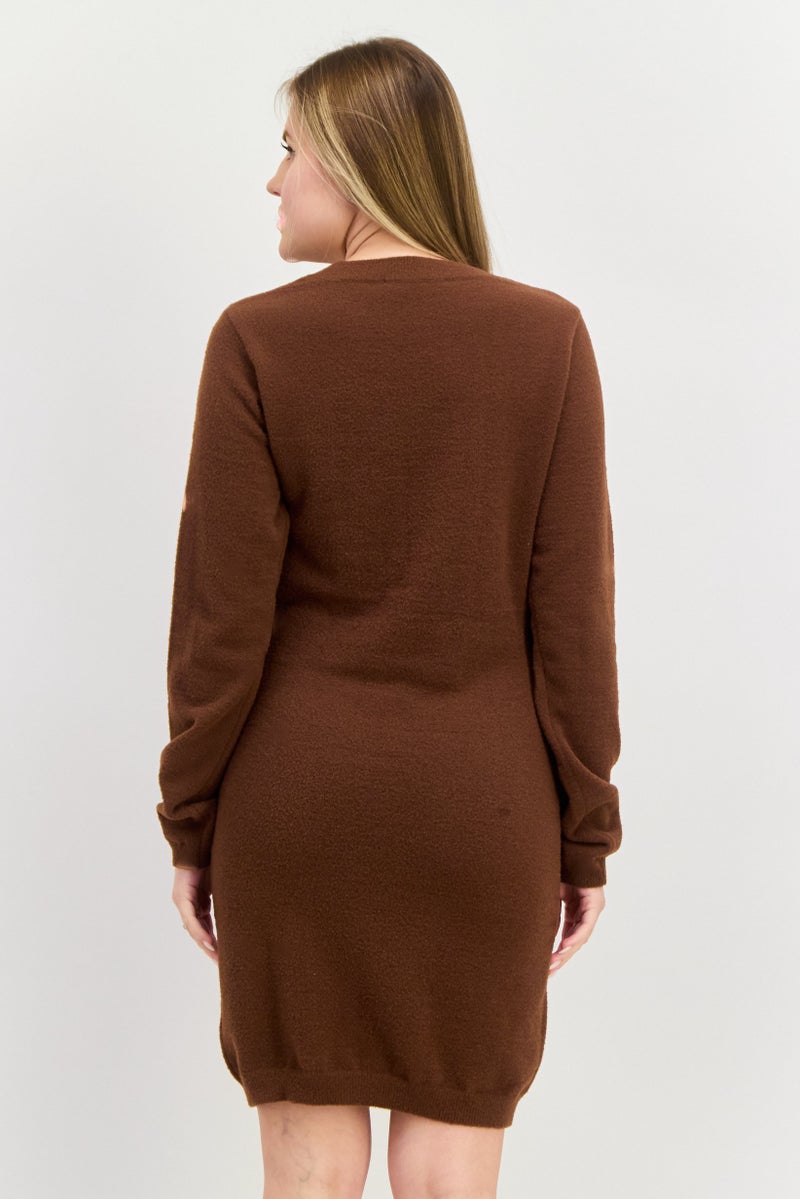 DEX Women Solid Sweater Dress, Brown - Image 3