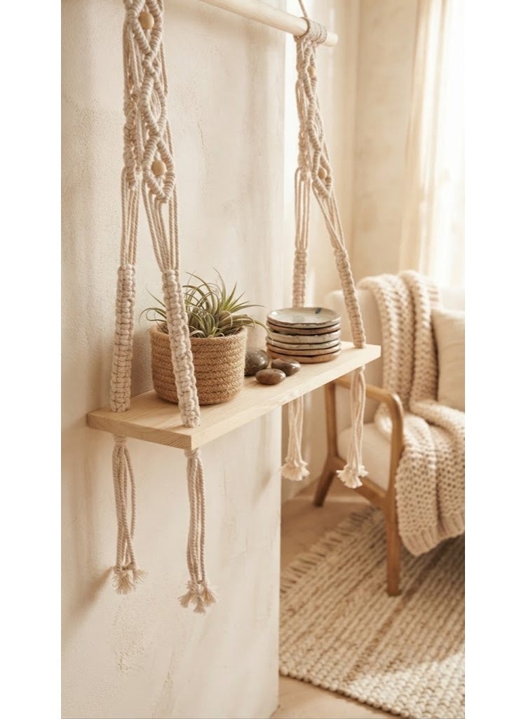 50cm Macramé Hanging Wooden Wall Shelf, Decorative Floating Shelf for Home Décor - Image 2
