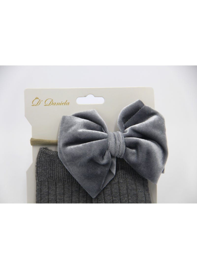 D'Daniela Mikha Socks & Ribbon Bow Set For Babies and Girls - Grey - Image 2