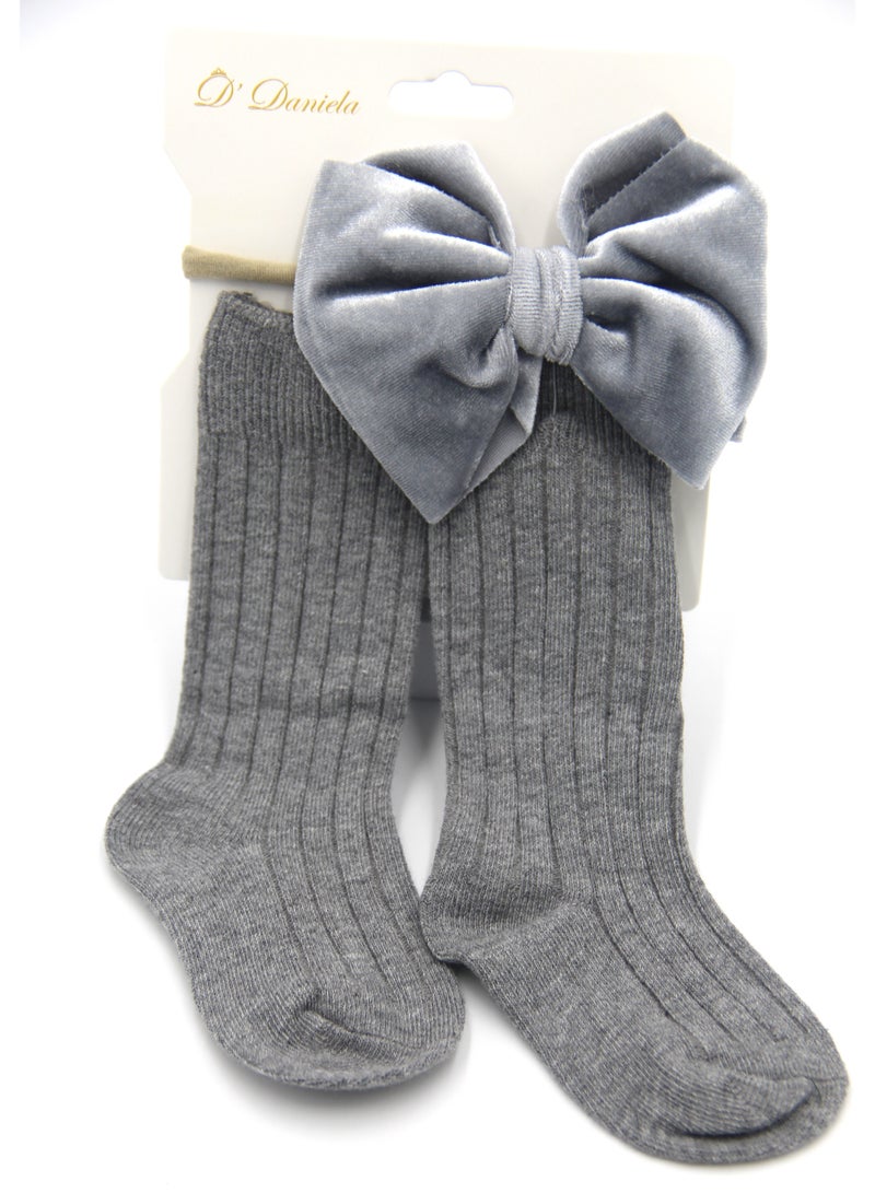 D'Daniela Mikha Socks & Ribbon Bow Set For Babies and Girls - Grey - Image 1