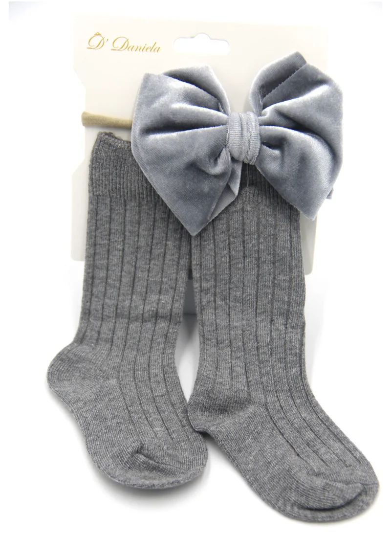 D'Daniela Mikha Socks & Ribbon Bow Set For Babies and Girls - Grey