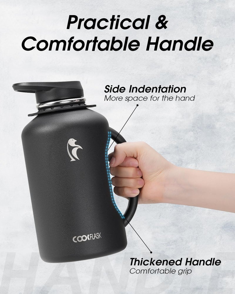 Coolflask 1900ml Water Bottle with Handle, 64 oz Insulated Stainless Steel Water Jug Metal Double-Walled Vacuum Large Flask With Strap Straw Leakproof, Keep Cold 48 Hrs Hot 24hrs, Magic Black - Image 2