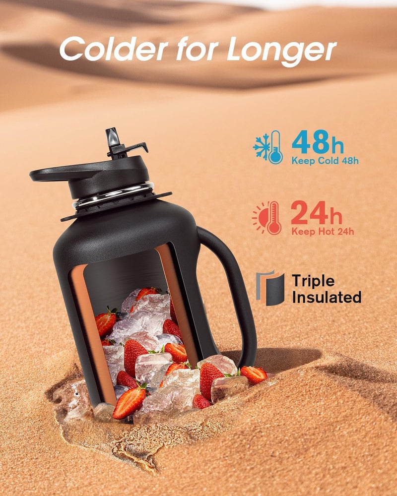 Coolflask 1900ml Water Bottle with Handle, 64 oz Insulated Stainless Steel Water Jug Metal Double-Walled Vacuum Large Flask With Strap Straw Leakproof, Keep Cold 48 Hrs Hot 24hrs, Magic Black - Image 3