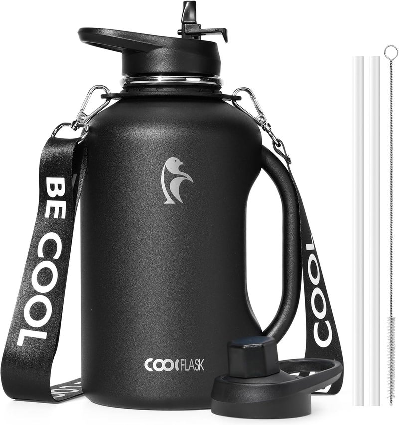 Coolflask 1900ml Water Bottle with Handle, 64 oz Insulated Stainless Steel Water Jug Metal Double-Walled Vacuum Large Flask With Strap Straw Leakproof, Keep Cold 48 Hrs Hot 24hrs, Magic Black - Image 1