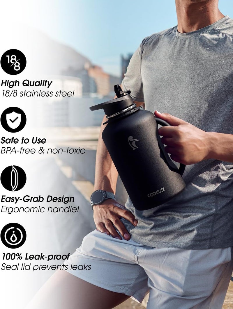 Coolflask 1900ml Water Bottle with Handle, 64 oz Insulated Stainless Steel Water Jug Metal Double-Walled Vacuum Large Flask With Strap Straw Leakproof, Keep Cold 48 Hrs Hot 24hrs, Magic Black - Image 5