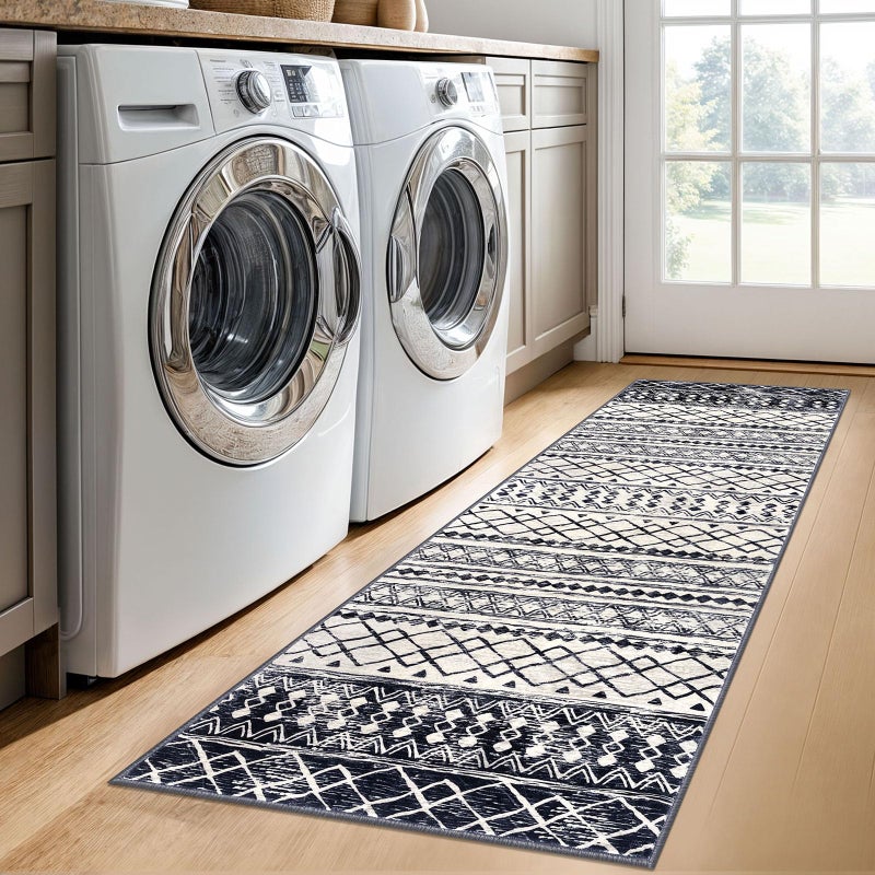 KUTA 2x6 Non-Slip Washable Runners for Hallways,Black Navy Blue Moroccan Boho Distressed Geometric Vintage Kitchen Runner, Ultra Soft Floor Mat for Entryway, Bathroom, Laundry, Living Room, Bedroom - Image 4