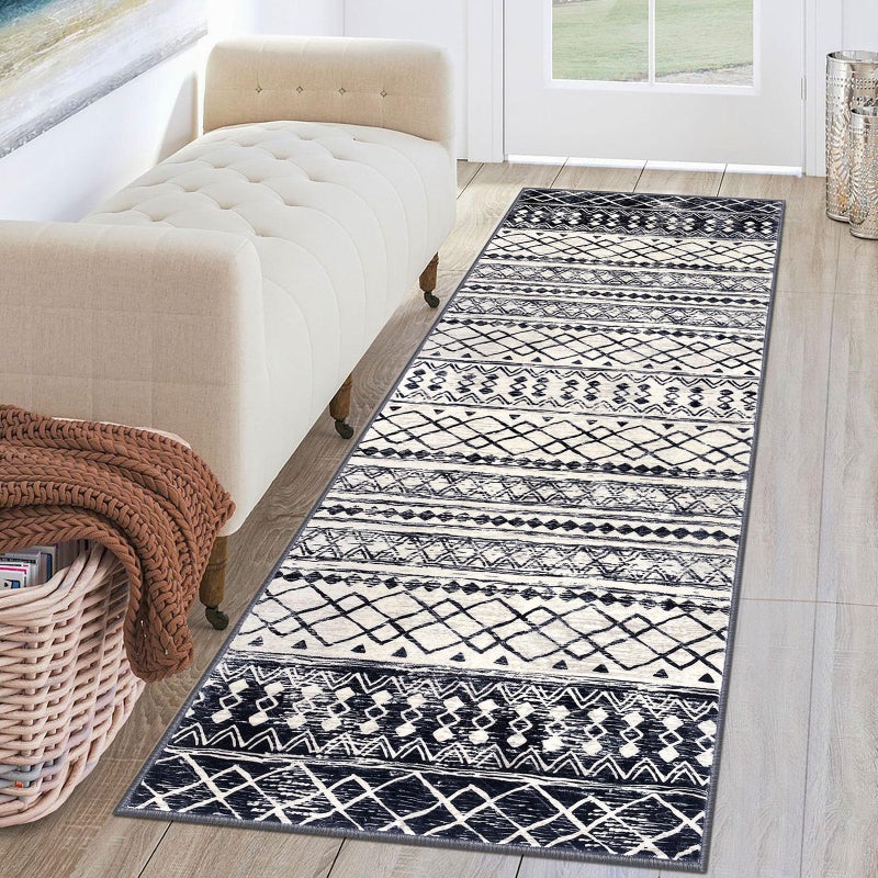 KUTA 2x6 Non-Slip Washable Runners for Hallways,Black Navy Blue Moroccan Boho Distressed Geometric Vintage Kitchen Runner, Ultra Soft Floor Mat for Entryway, Bathroom, Laundry, Living Room, Bedroom - Image 1