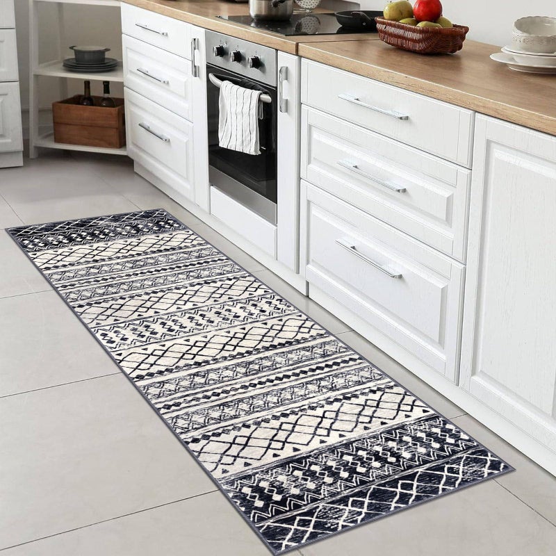 KUTA 2x6 Non-Slip Washable Runners for Hallways,Black Navy Blue Moroccan Boho Distressed Geometric Vintage Kitchen Runner, Ultra Soft Floor Mat for Entryway, Bathroom, Laundry, Living Room, Bedroom - Image 3
