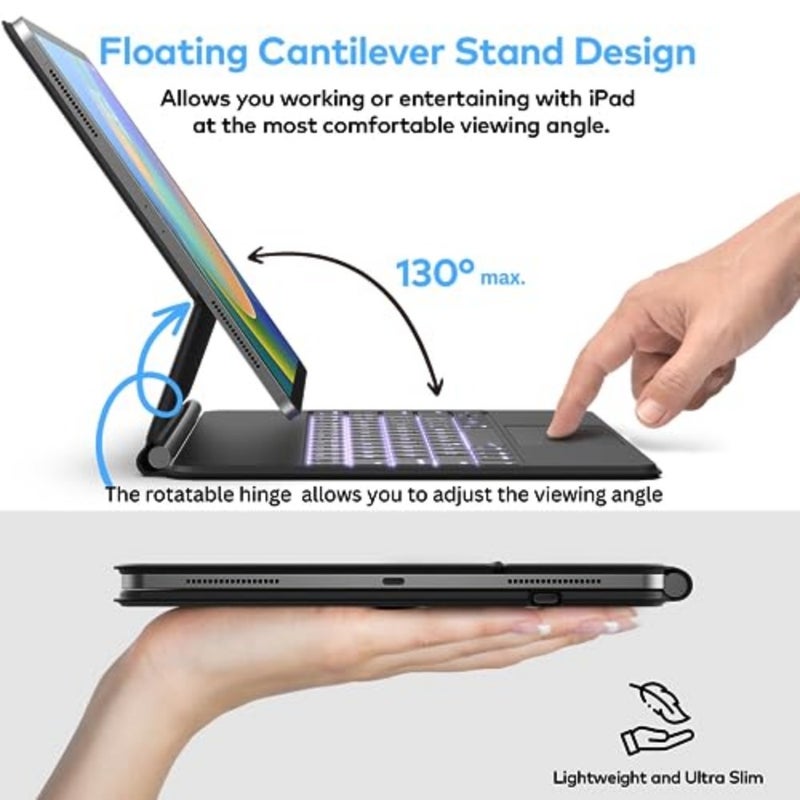 Keyboard Case for iPad Pro 12.9 inch: aluminum, black, magnetic attachment with multi-touch trackpad, floating cantilever stand, backlit wireless keyboard - Image 3