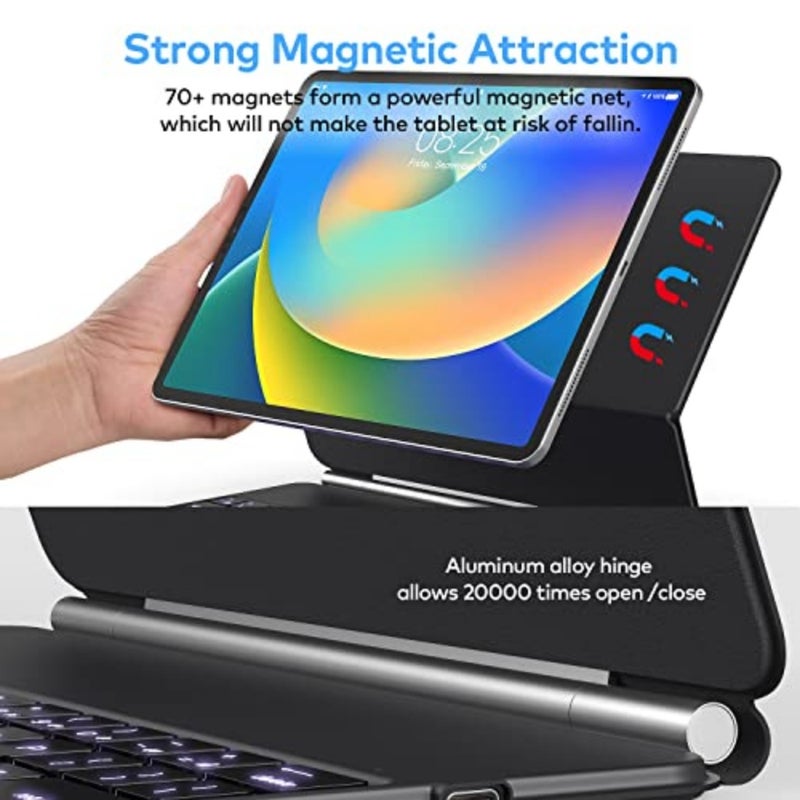Keyboard Case for iPad Pro 12.9 inch: aluminum, black, magnetic attachment with multi-touch trackpad, floating cantilever stand, backlit wireless keyboard - Image 4