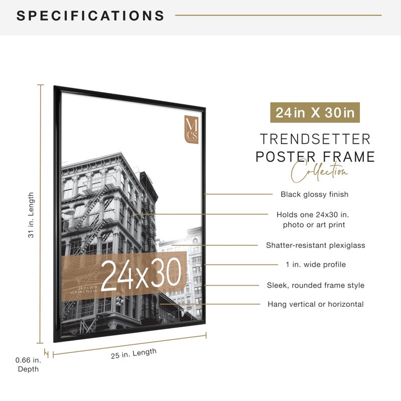 MCS Trendsetter 24x30 Poster Frame Black High-Gloss, Vertical & Horizontal Wall Hanging Large Picture Frame for Photos, Posters & Art Prints (1-Pack) - Image 4