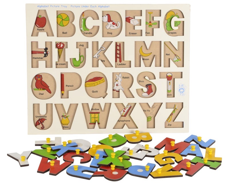 Skillofun L-32SK Wooden Alphabet Tray with Knobs, Learning Tool | Vibrant Colors | Enhances Vocabulary & Cognitive Skills | Safe & Engaging Educational Play | Develops Fine Motor Skills - Image 2