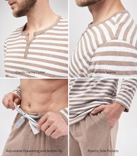 DAVID ARCHY طقم بيجامة ديفيد آرتشي للرجال من القطن الناعم بأكمام طويلة ملابس نوم مريحة مع جيوب (M، بني داكن هيثر) - Image 5