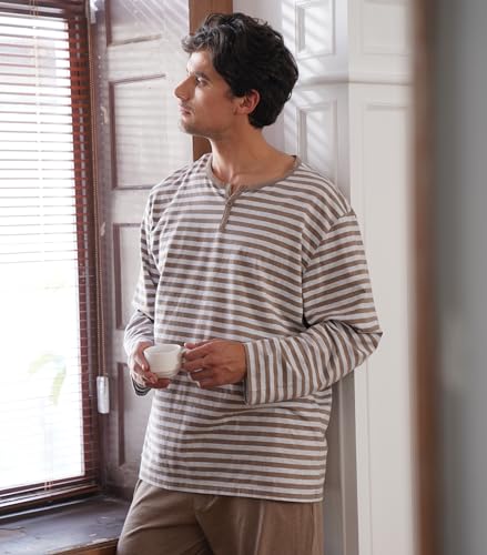 DAVID ARCHY طقم بيجامة ديفيد آرتشي للرجال من القطن الناعم بأكمام طويلة ملابس نوم مريحة مع جيوب (M، بني داكن هيثر) - Image 4