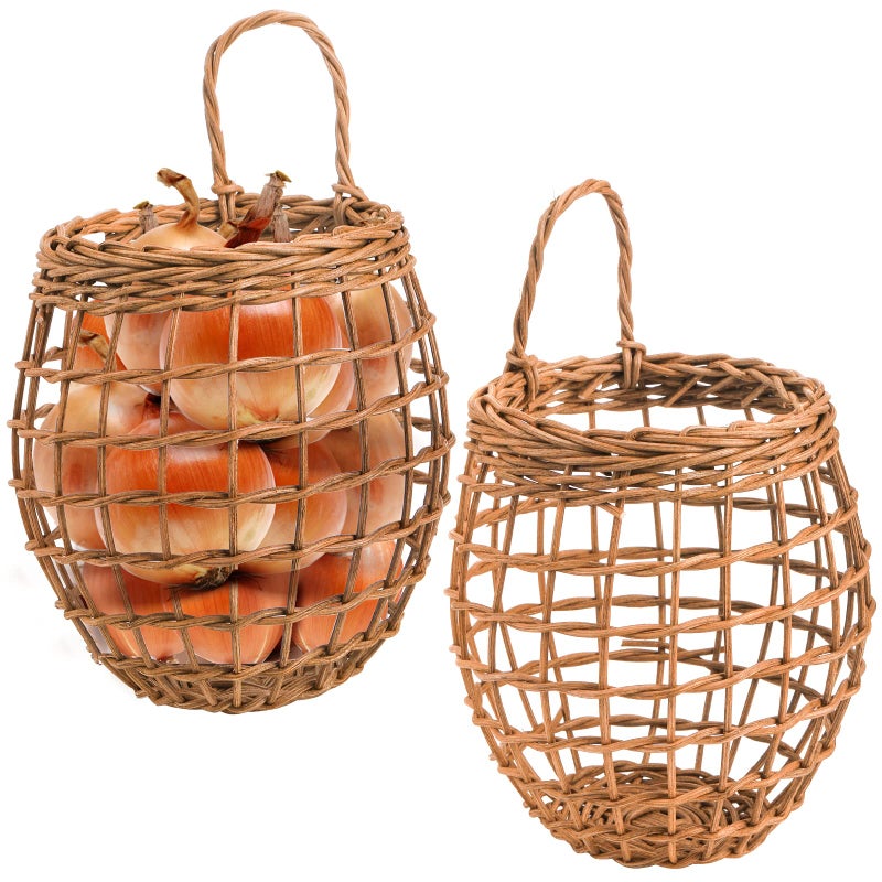 Elsjoy Set of 2 Hanging Wicker Baskets Wall Mount Rattan Storage for Kitchen Pantry for Onion Garlic Potato