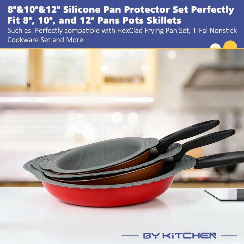 BYKITCHEN 3 قطع واقيات مقلاة سيليكون مع 6 قطع فواصل ومقسمات ومساند من اللباد لتكديس وحماية أدوات الطهي الخاصة بك، متوافقة مع مجموعة أواني Hexclad، ومقالي Tfal غير اللاصقة والمزيد. - Image 3