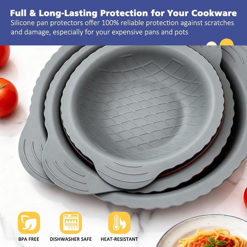 BYKITCHEN 3 قطع واقيات مقلاة سيليكون مع 6 قطع فواصل ومقسمات ومساند من اللباد لتكديس وحماية أدوات الطهي الخاصة بك، متوافقة مع مجموعة أواني Hexclad، ومقالي Tfal غير اللاصقة والمزيد. - Image 4