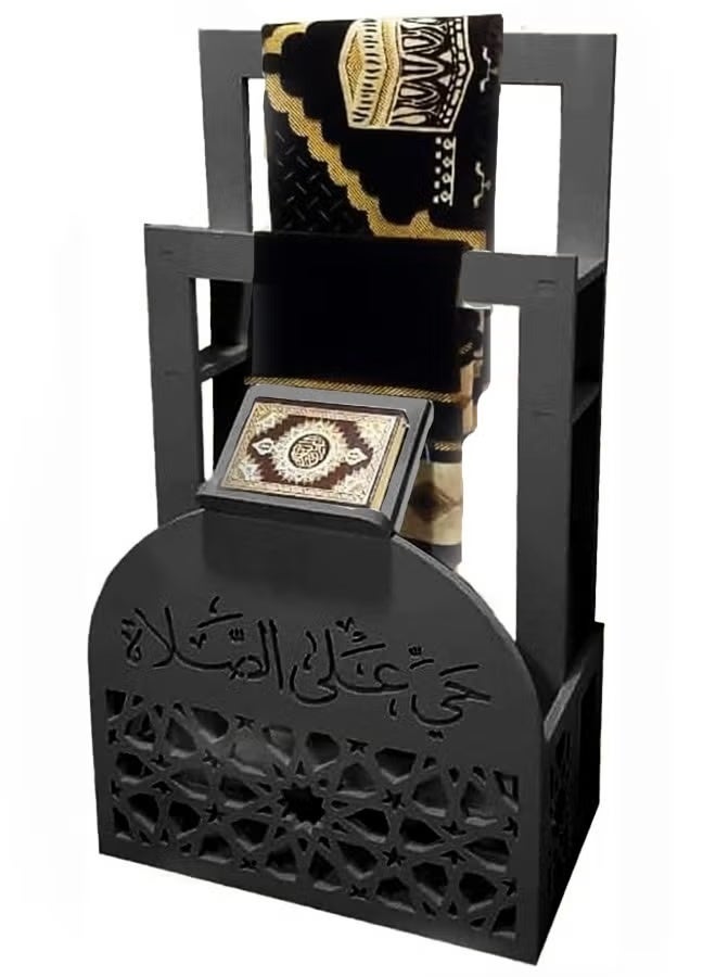 Eworld Elegant Black 2-in-1 Prayer Mat Stand with Integrated Quran Holder | Islamic Décor with Arabic Calligraphy | Water & Fireproof | Space-Saving Design - Image 3