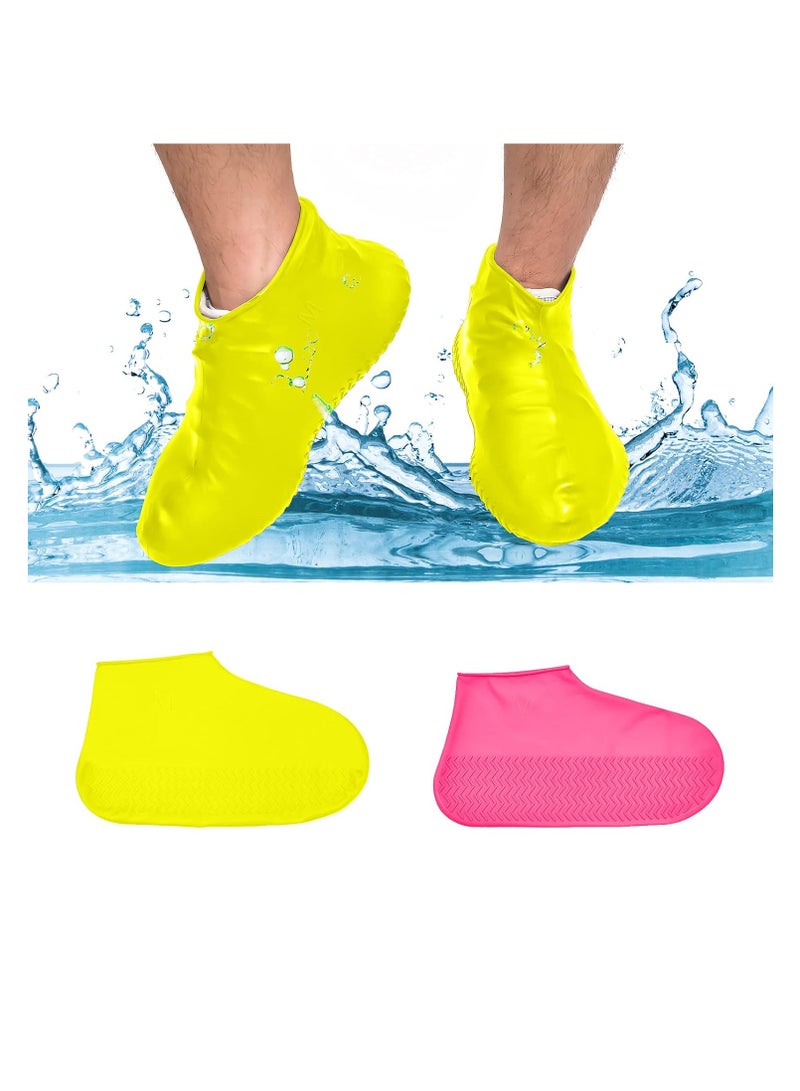 2 Pairs Waterproof Silicone Shoe Covers (M Size) – Reusable Rain Shoes Cover for Men, Women & Children – Anti-Slip, Foldable, Durable Protection for Outdoor, Hiking, Cycling, Camping – Pink & Yellow - Image 2