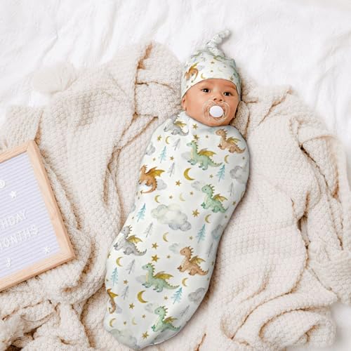 Sozzjile Cute Dragon Print Baby Swaddle Blanket with Beanie Set, Soft Cloud Moon Star Swaddle Sack Newborn Receiving Blanket for Girls Boys - Image 2