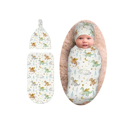 Sozzjile Cute Dragon Print Baby Swaddle Blanket with Beanie Set, Soft Cloud Moon Star Swaddle Sack Newborn Receiving Blanket for Girls Boys - Image 1