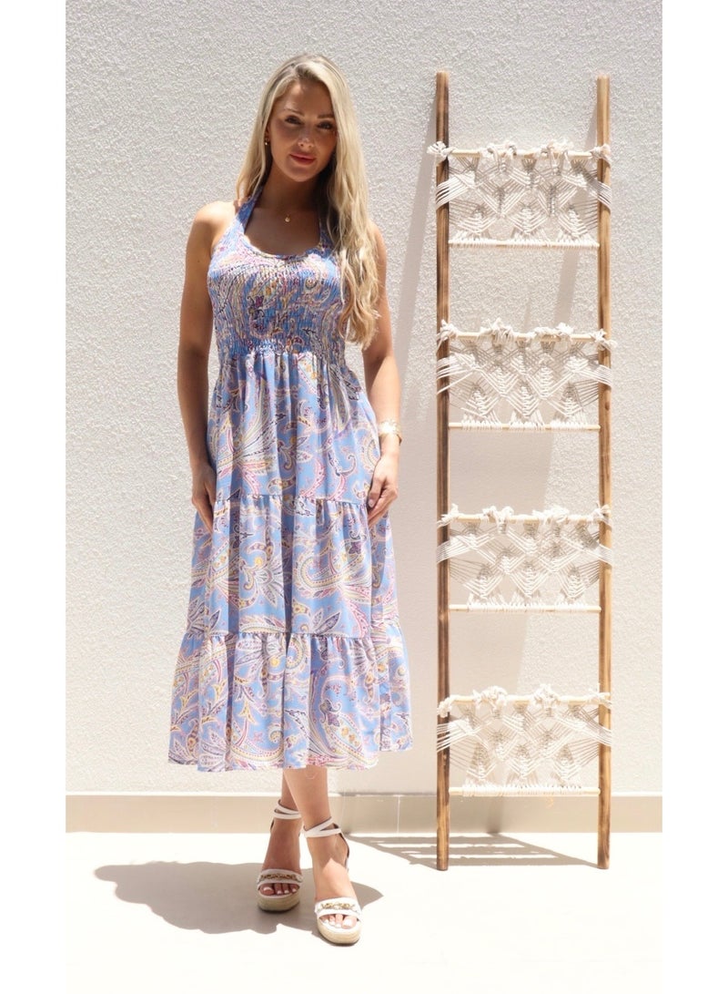 Alorabella Luna Elasticated Halter Dress - Blue  - Image 1